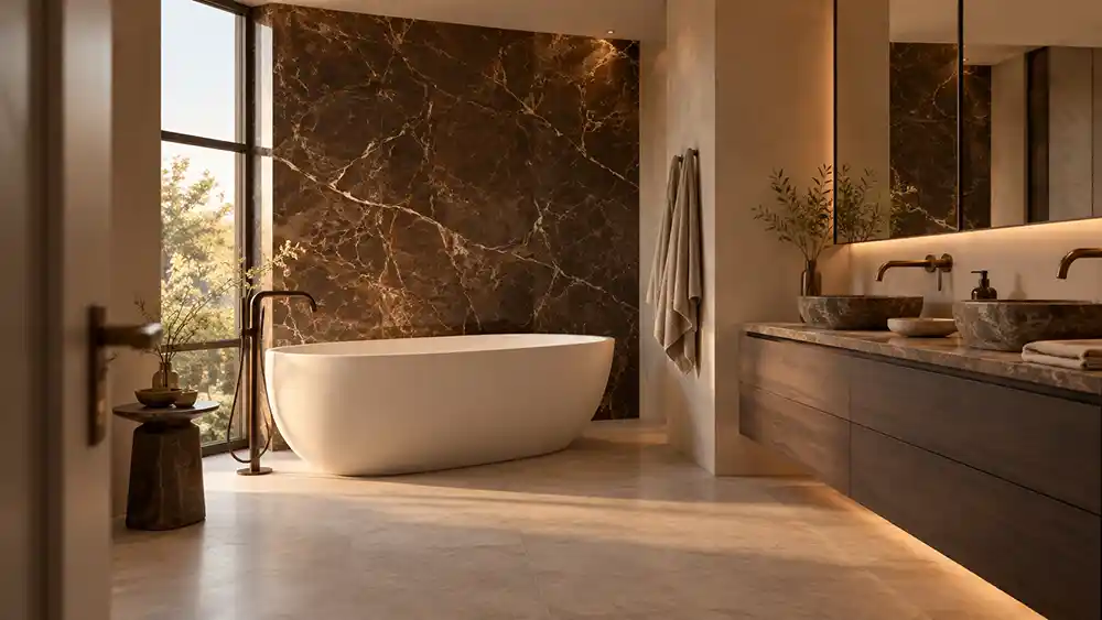 hotelchique badkamer met vrijstaand ovaal bad