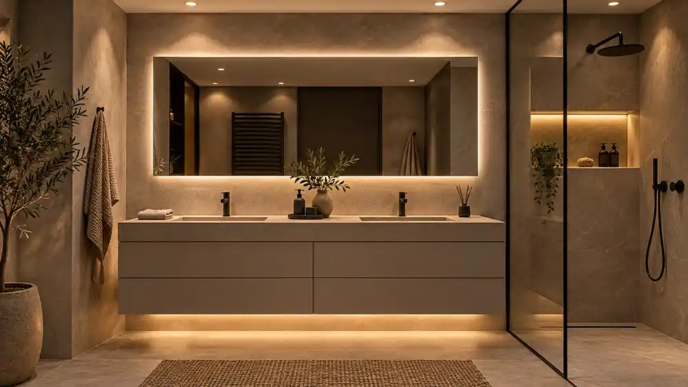 luxe badkamer met warme lichtlagen