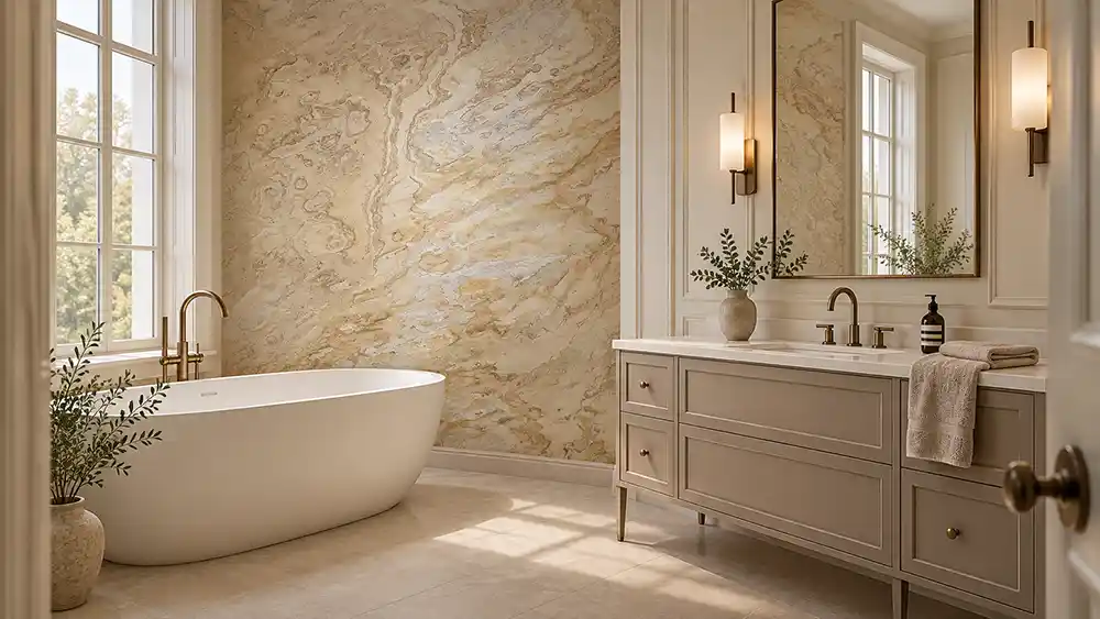 modern-klassieke badkamer met taupe en brons