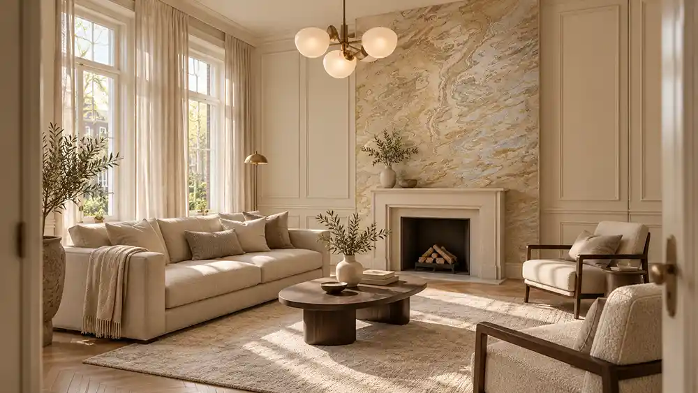 modern klassieke woonkamer met golvend wandpaneel