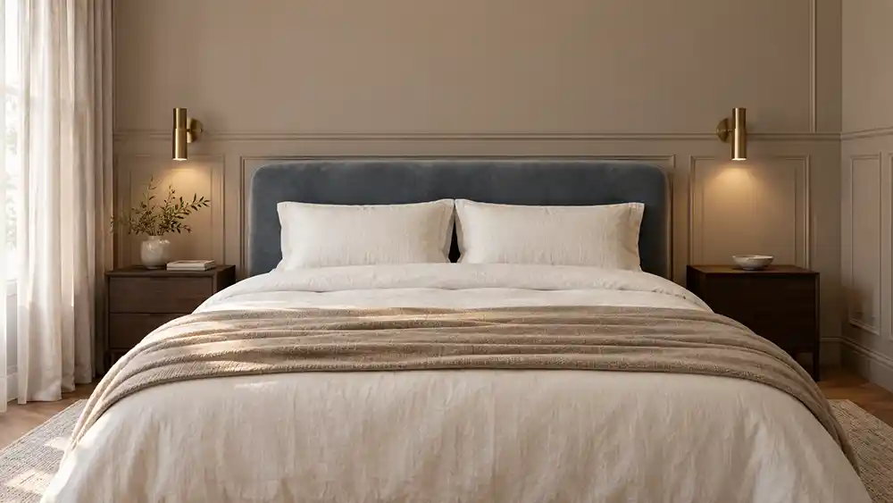 rustgevende taupe slaapkamer met fluwelen hoofdbord