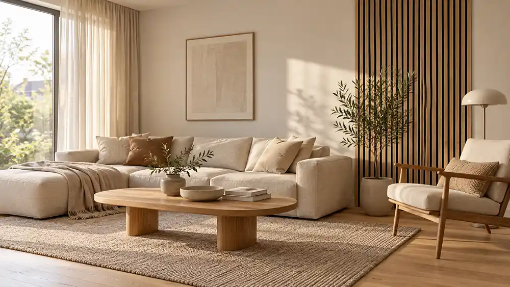 rustige Japandi woonkamer met eiken accentwand