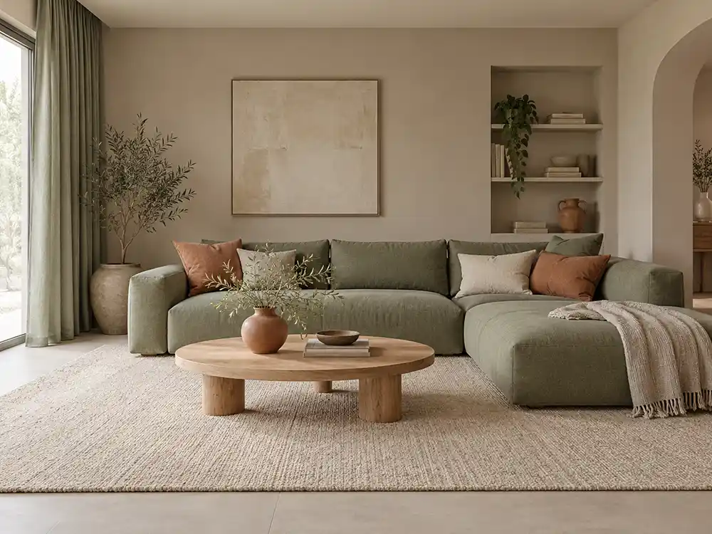 zachte woonkamer in greige, saliegroen en terracotta