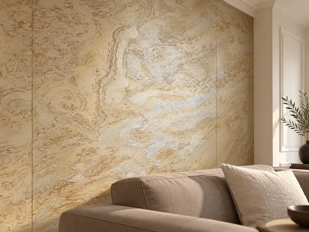 zandkleurige natuursteenwand in modern klassieke woonkamer